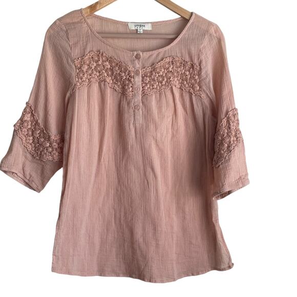 Umgee Tops - Umgee‎ Women Tunic Top S Peach Flower Crochet Inlet Gauzy Boho Cottage Prairie